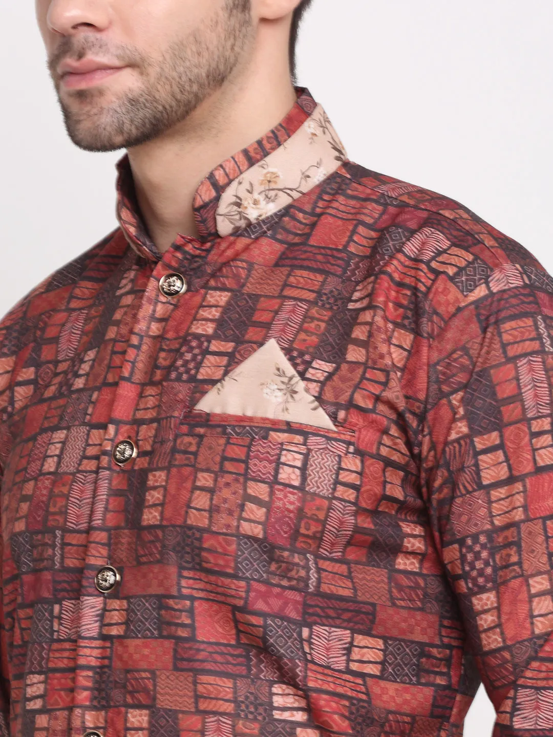 Men's Brown & Multi Printed Kurta With White Dhoti Pant - Benstoke