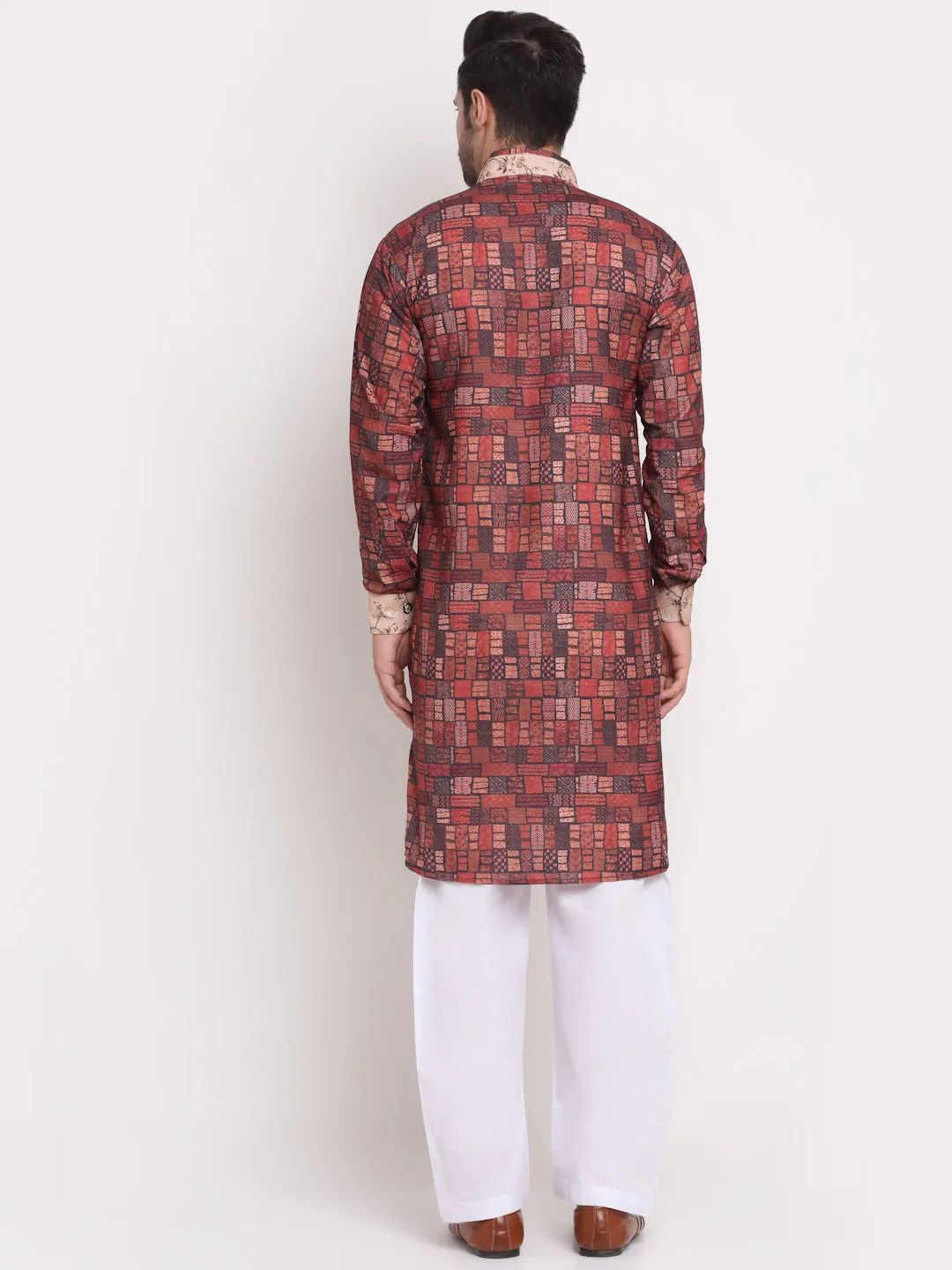 Men's Brown & Multi Printed Kurta With White Dhoti Pant - Benstoke