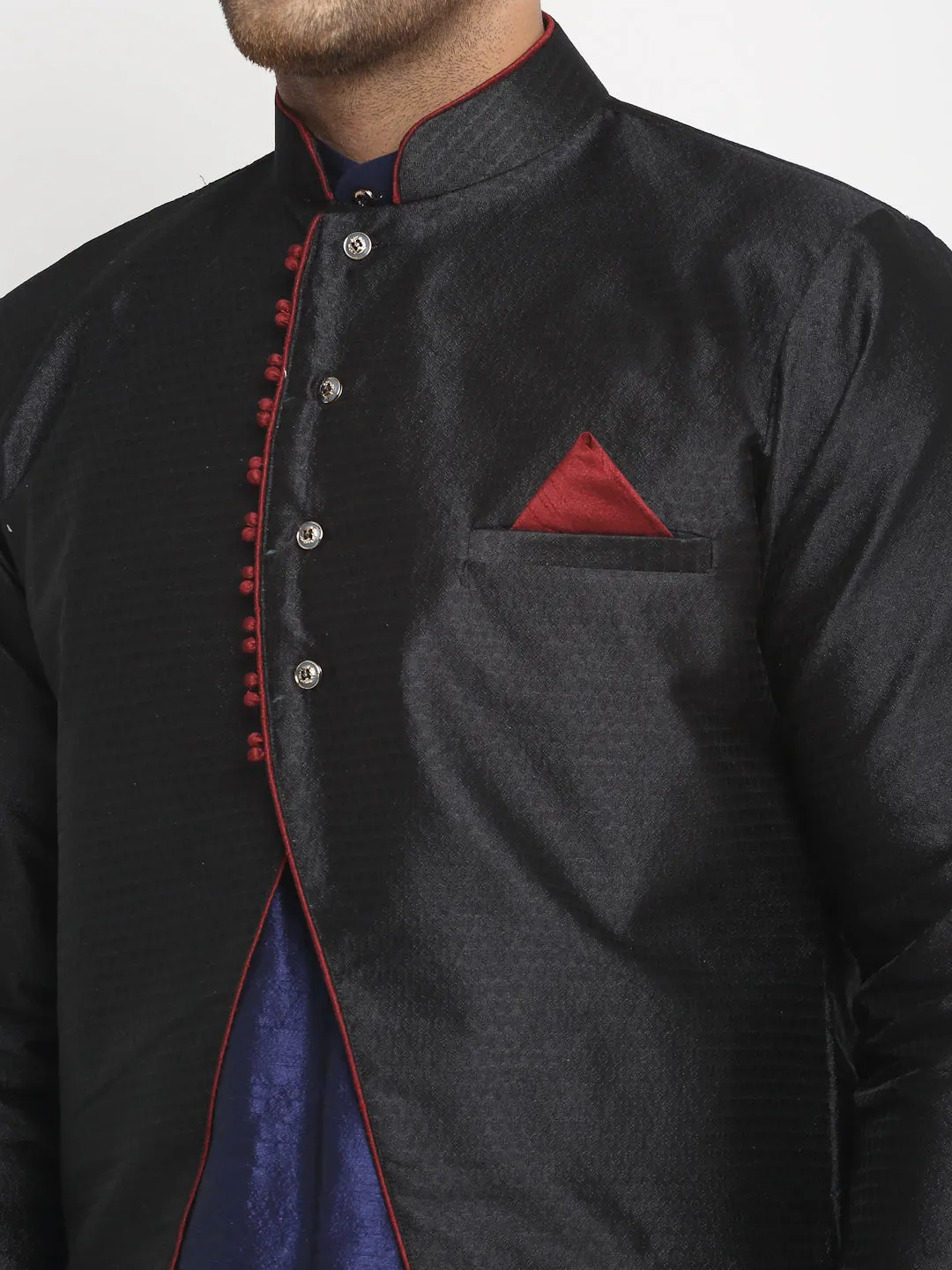 Men's Navy Blue Kurta With Pyjama & Black Self Design Jacket - Benstoke