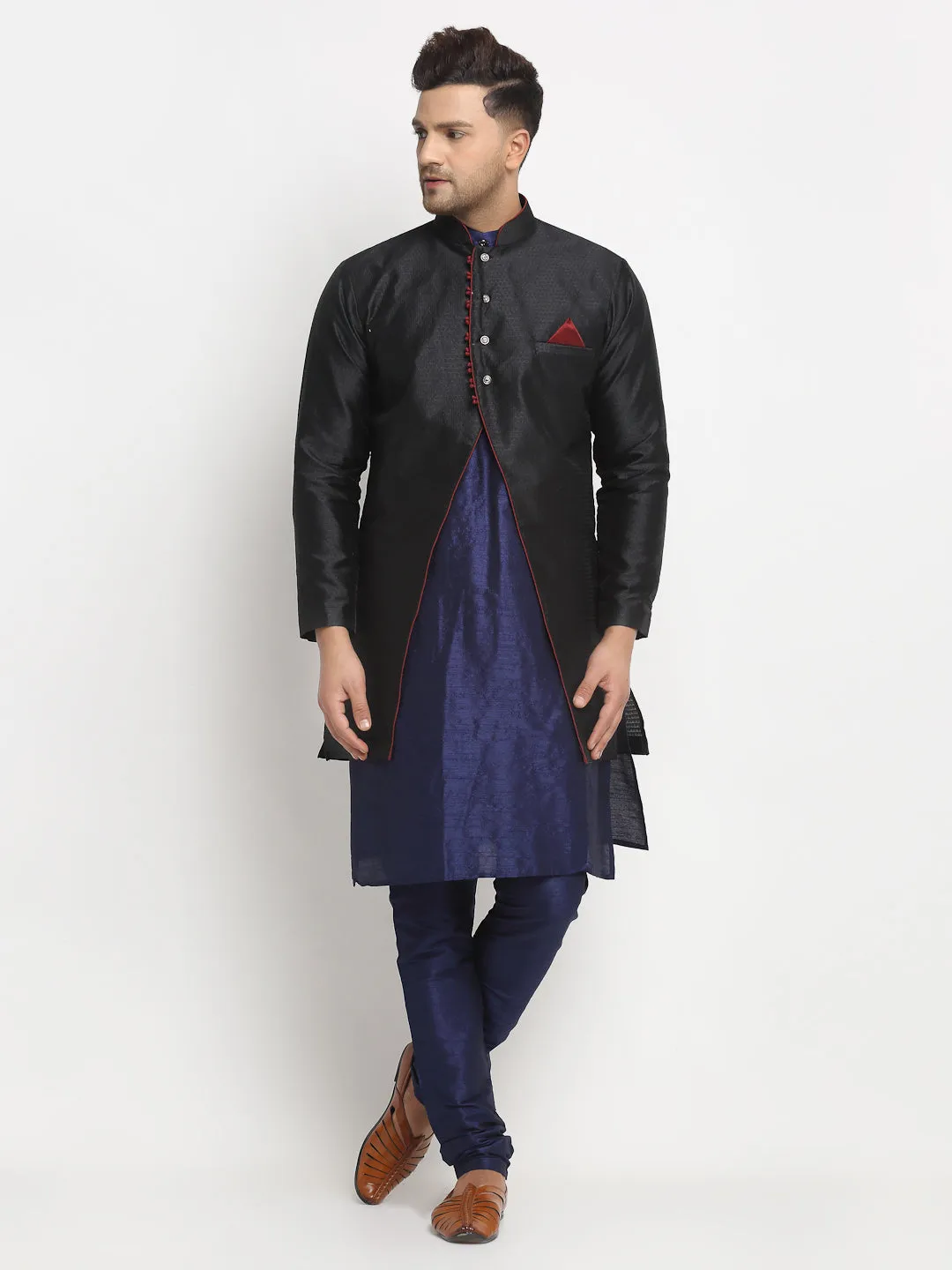 Men's Navy Blue Kurta With Pyjama & Black Self Design Jacket - Benstoke