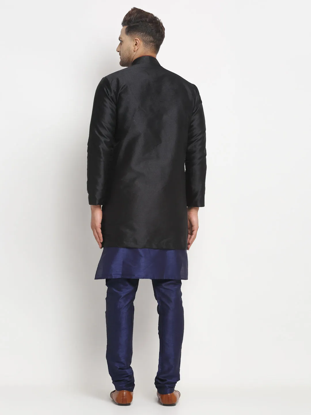 Men's Navy Blue Kurta With Pyjama & Black Self Design Jacket - Benstoke