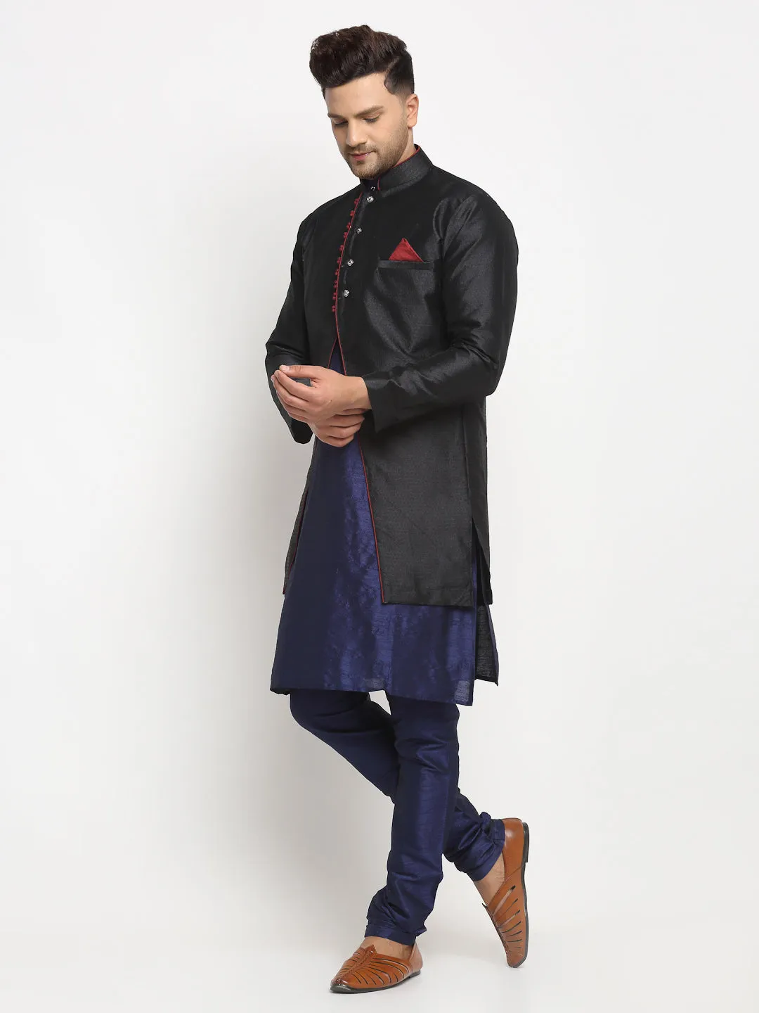 Men's Navy Blue Kurta With Pyjama & Black Self Design Jacket - Benstoke