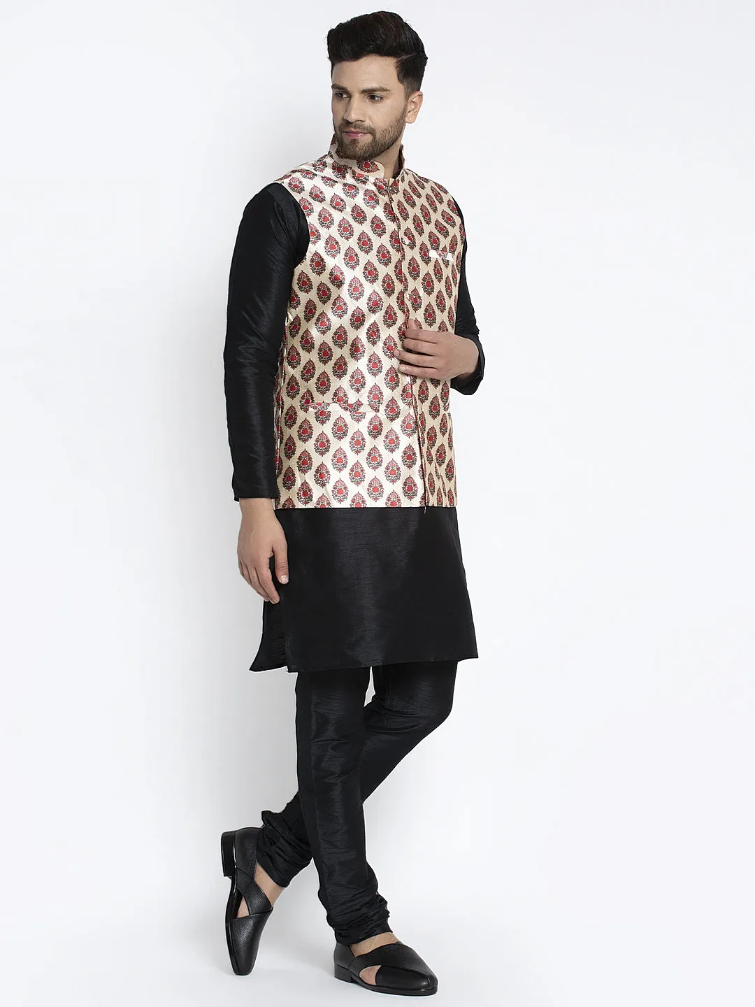 Men's Silk Blend Black Kurta With Pyjama & Cream Printed Nehru Jacket - Benstoke