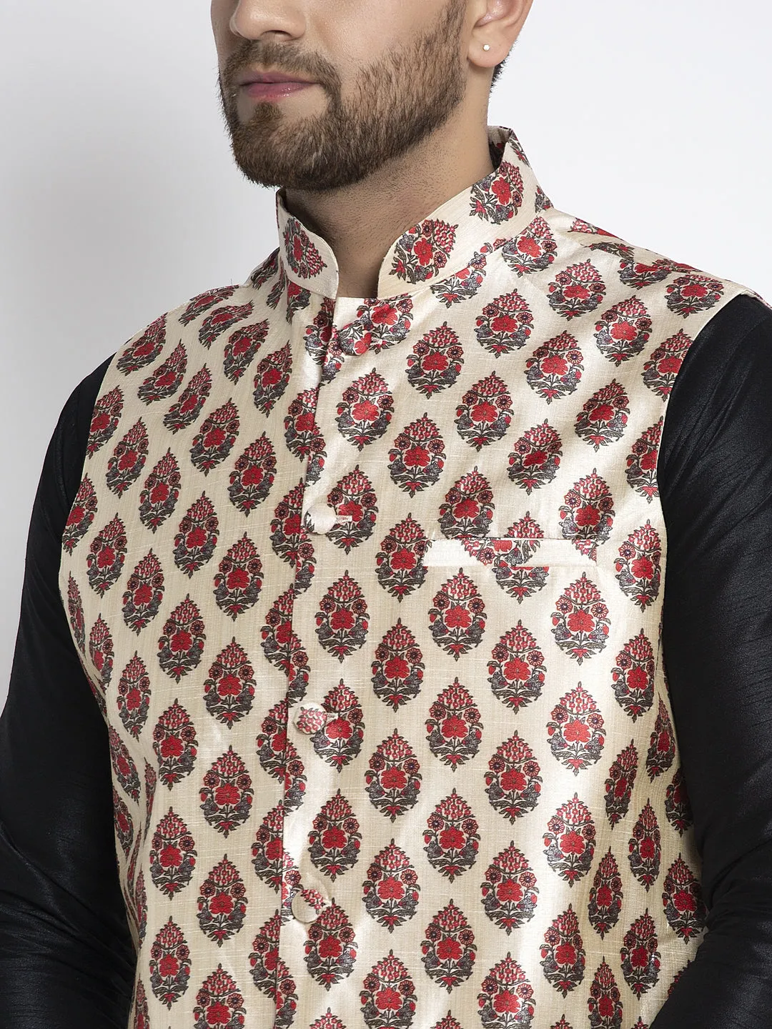 Men's Silk Blend Black Kurta With Pyjama & Cream Printed Nehru Jacket - Benstoke