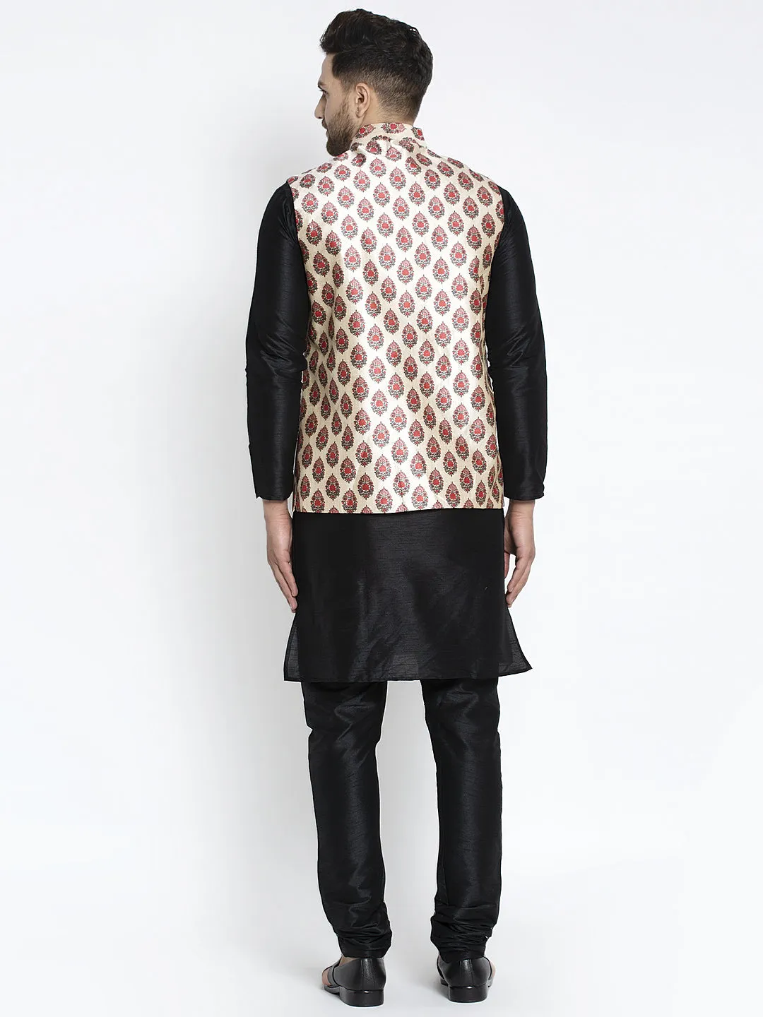 Men's Silk Blend Black Kurta With Pyjama & Cream Printed Nehru Jacket - Benstoke