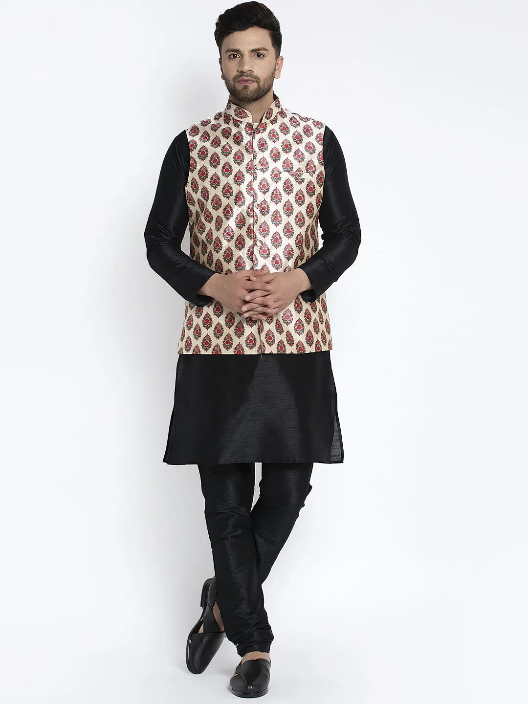 Men's Silk Blend Black Kurta With Pyjama & Cream Printed Nehru Jacket - Benstoke