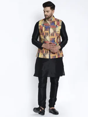 Men's Silk Blend Black Kurta With Pyjama & Multicolor Printed Nehru Jacket - Benstoke