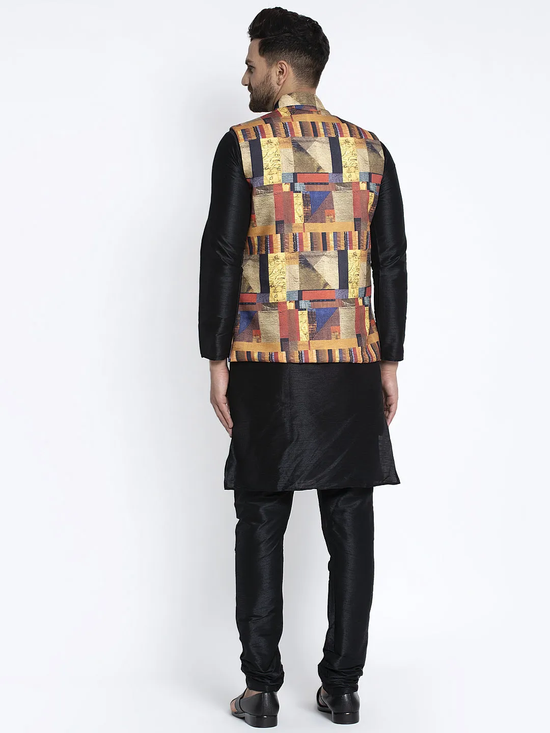 Men's Silk Blend Black Kurta With Pyjama & Multicolor Printed Nehru Jacket - Benstoke