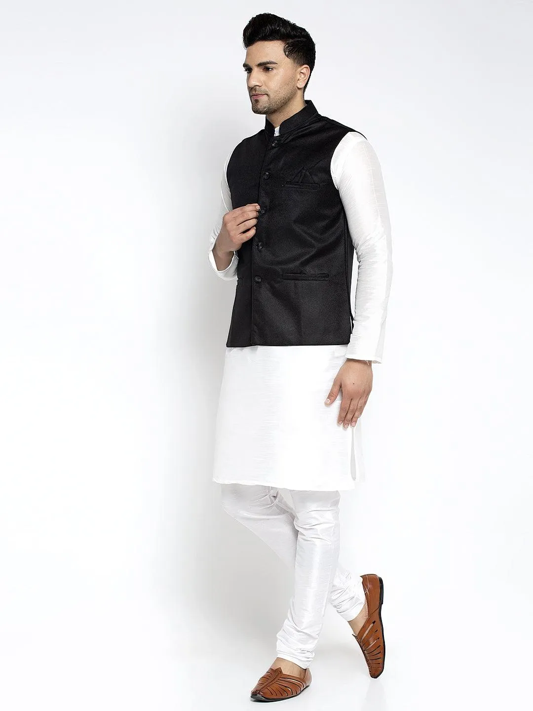 Men's Silk Blend White Kurta With Pyjama & Black Nehru Jacket - Benstoke