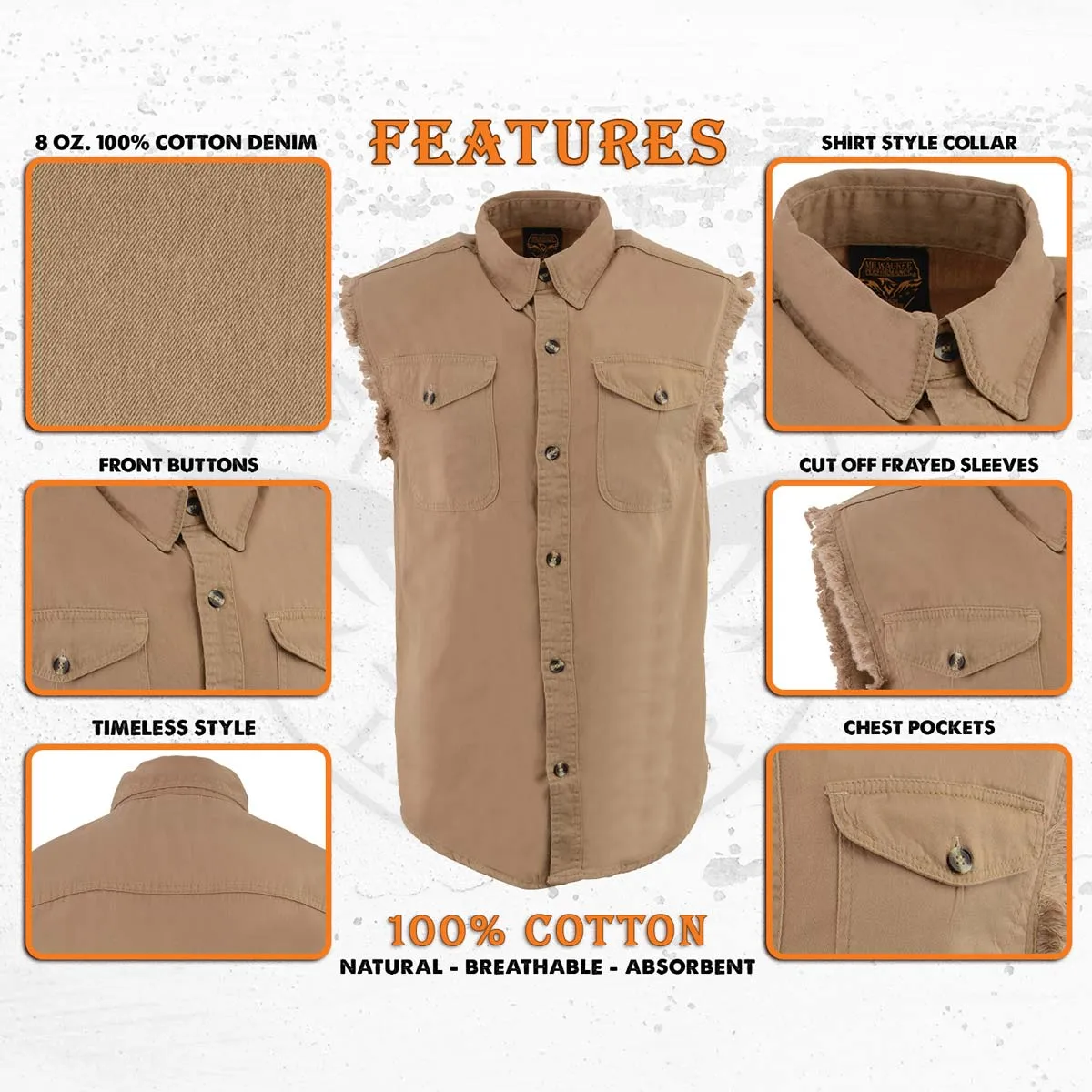 Milwaukee Leather DM4005 Men's Beige Lightweight Denim Shirt with Frayed Cut Off Sleeveless