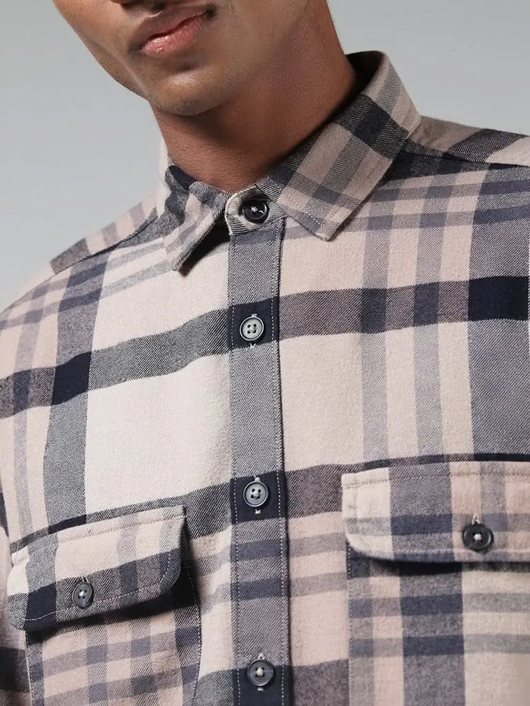 Nuon Beige Checked Cotton Blend Relaxed-Fit Shirt