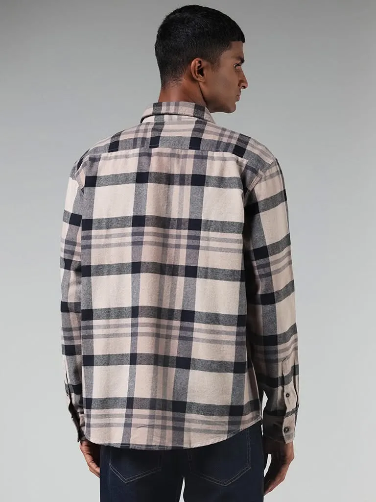 Nuon Beige Checked Cotton Blend Relaxed-Fit Shirt