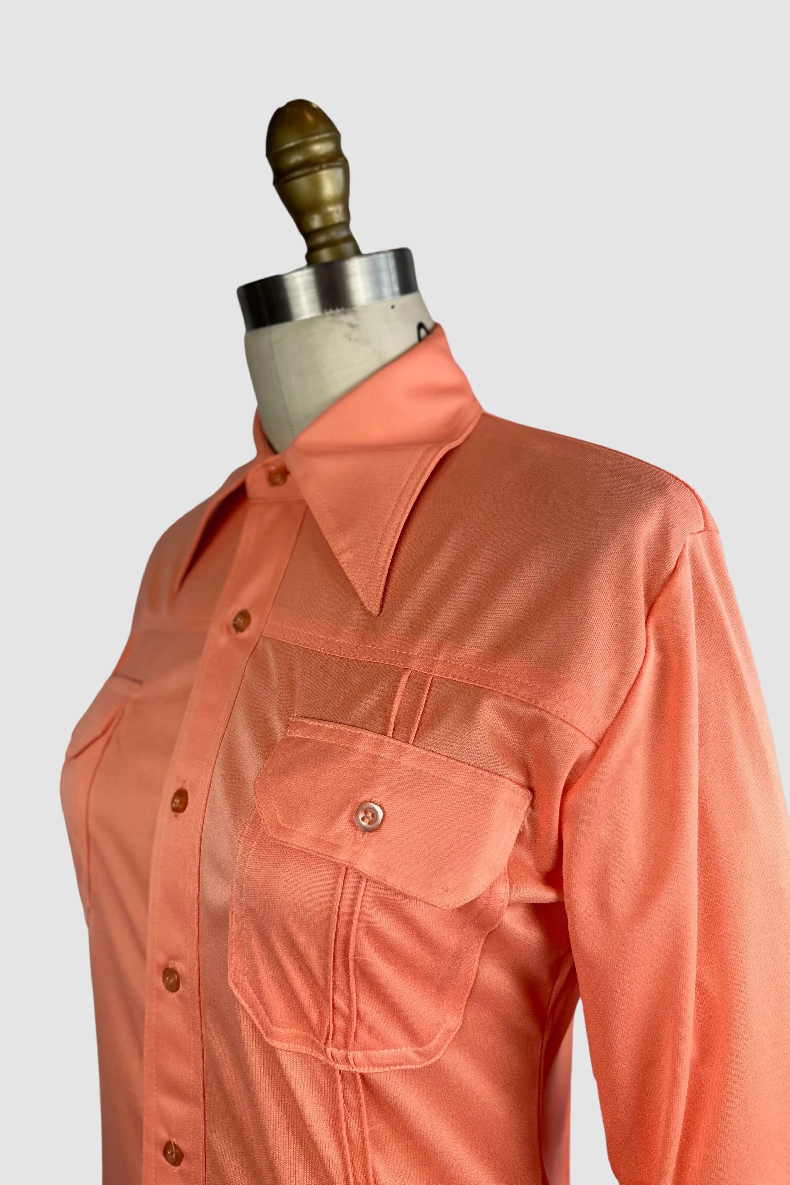 PIERRE FOSHEY 70s Deadstock Apricot Polyester Disco Shirt • Medium