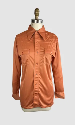 PIERRE FOSHEY 70s Deadstock Orange Polyester Disco Shirt • Large