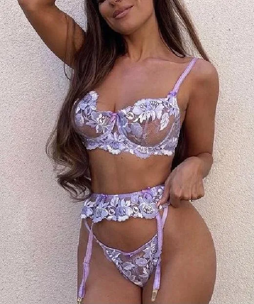 Purple floral embroidered garter underwire underwear set