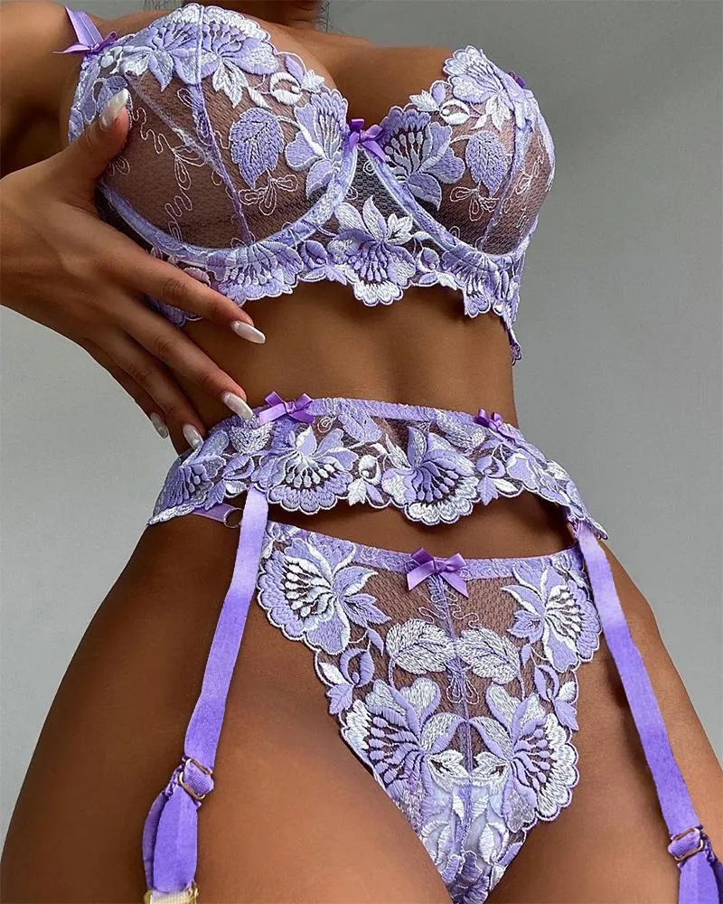 Purple floral embroidered garter underwire underwear set