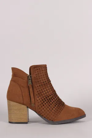 Qupid Perforated Suede Chunky Heeled Cowgirl Booties