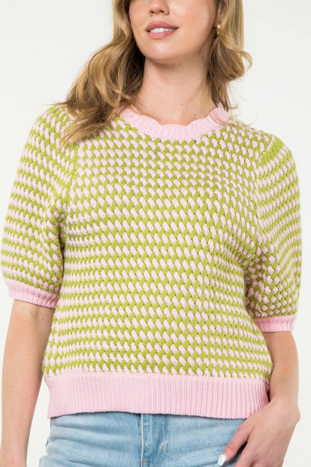 Short Sleeve Knit Top -Green/Pink