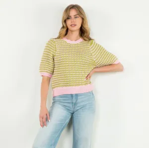 Short Sleeve Knit Top -Green/Pink