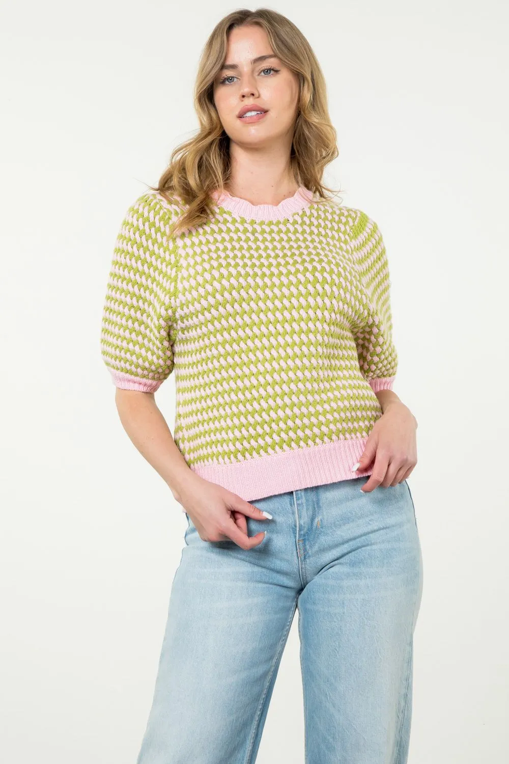 Short Sleeve Knit Top -Green/Pink