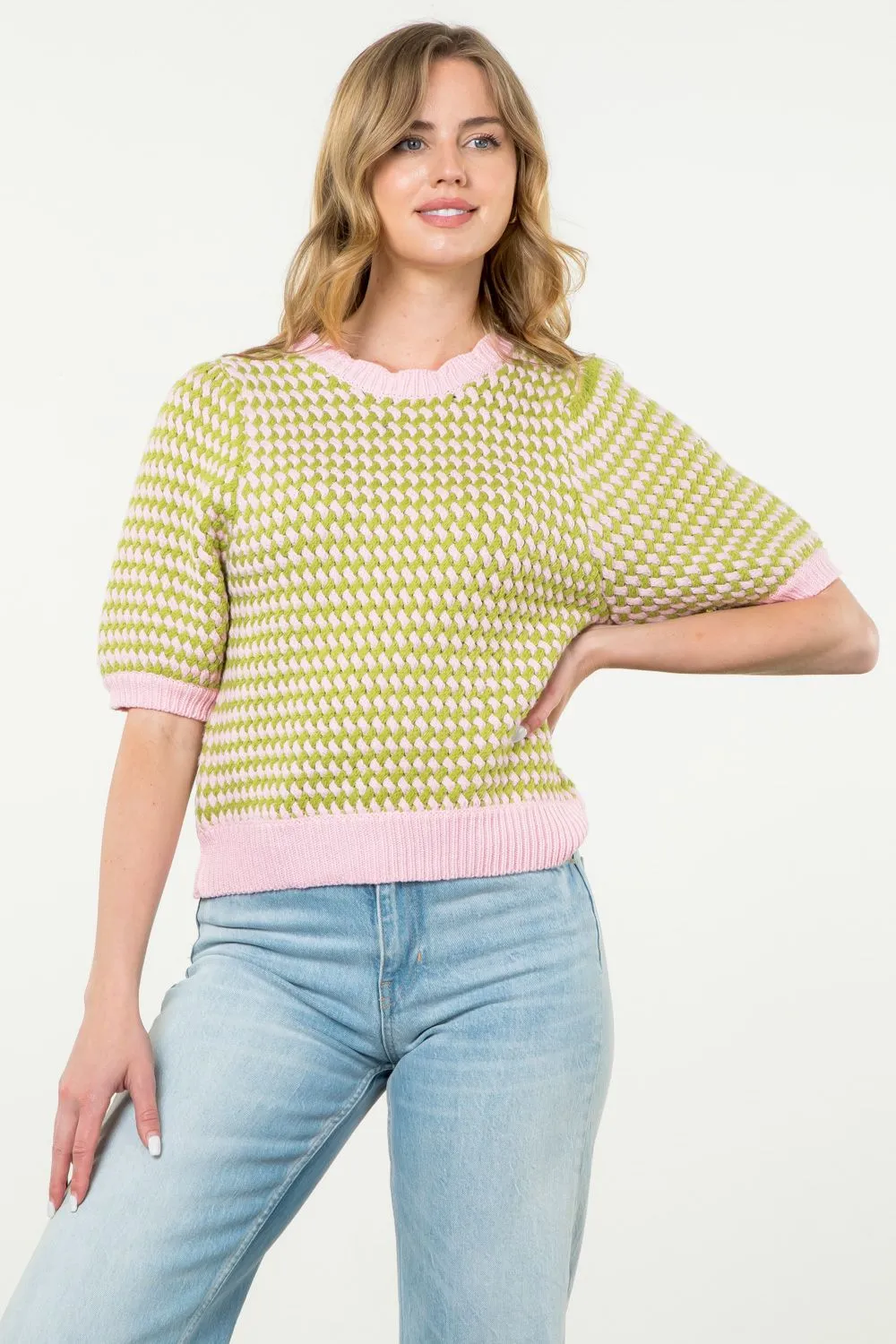 Short Sleeve Knit Top -Green/Pink