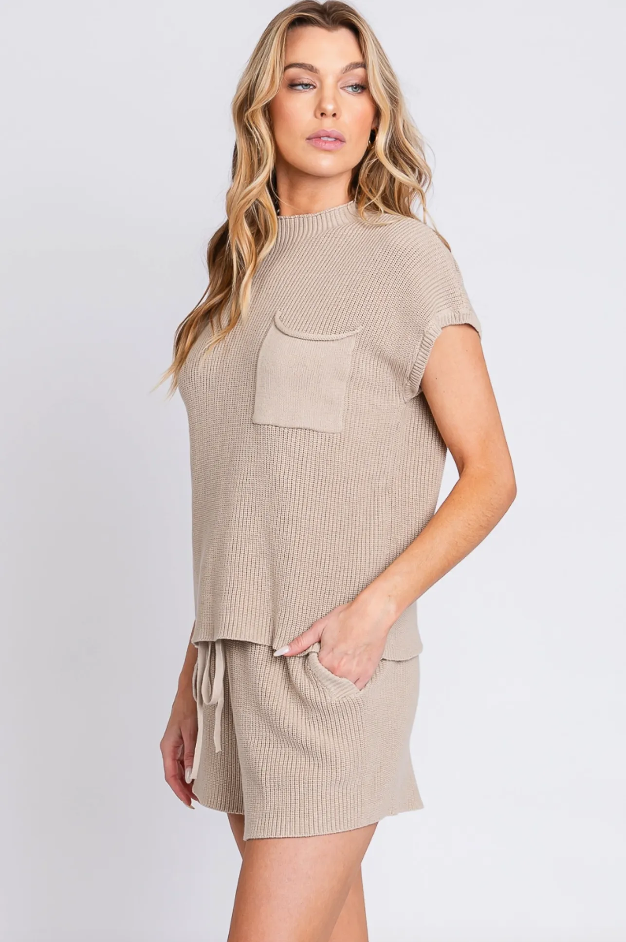 Sweater Knit Top & Short Set - Taupe