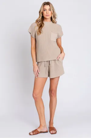 Sweater Knit Top & Short Set - Taupe