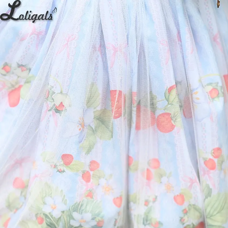 Sweet Short Sky Blue Skirt Mori Girl Strawberry Printed A line Lolita Skirt