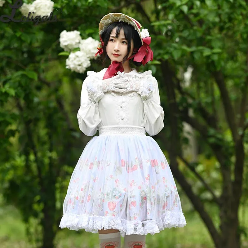 Sweet Short Sky Blue Skirt Mori Girl Strawberry Printed A line Lolita Skirt