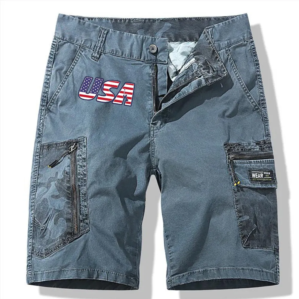 USA FLAG COTTON MEN'S LOOSE OVERSIZED MULTI POCKET MILITARY UNIFORM CARGO SHORTS