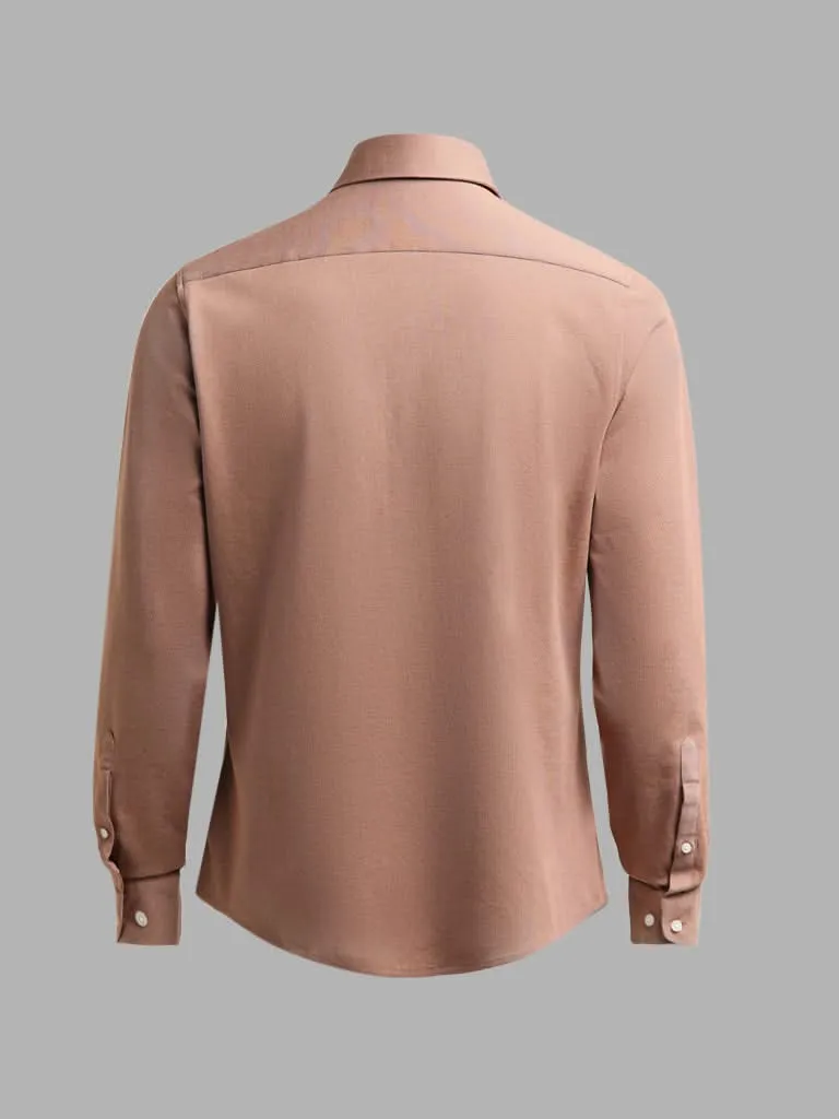 WES Formals Solid Tan Cotton Blend Shirt