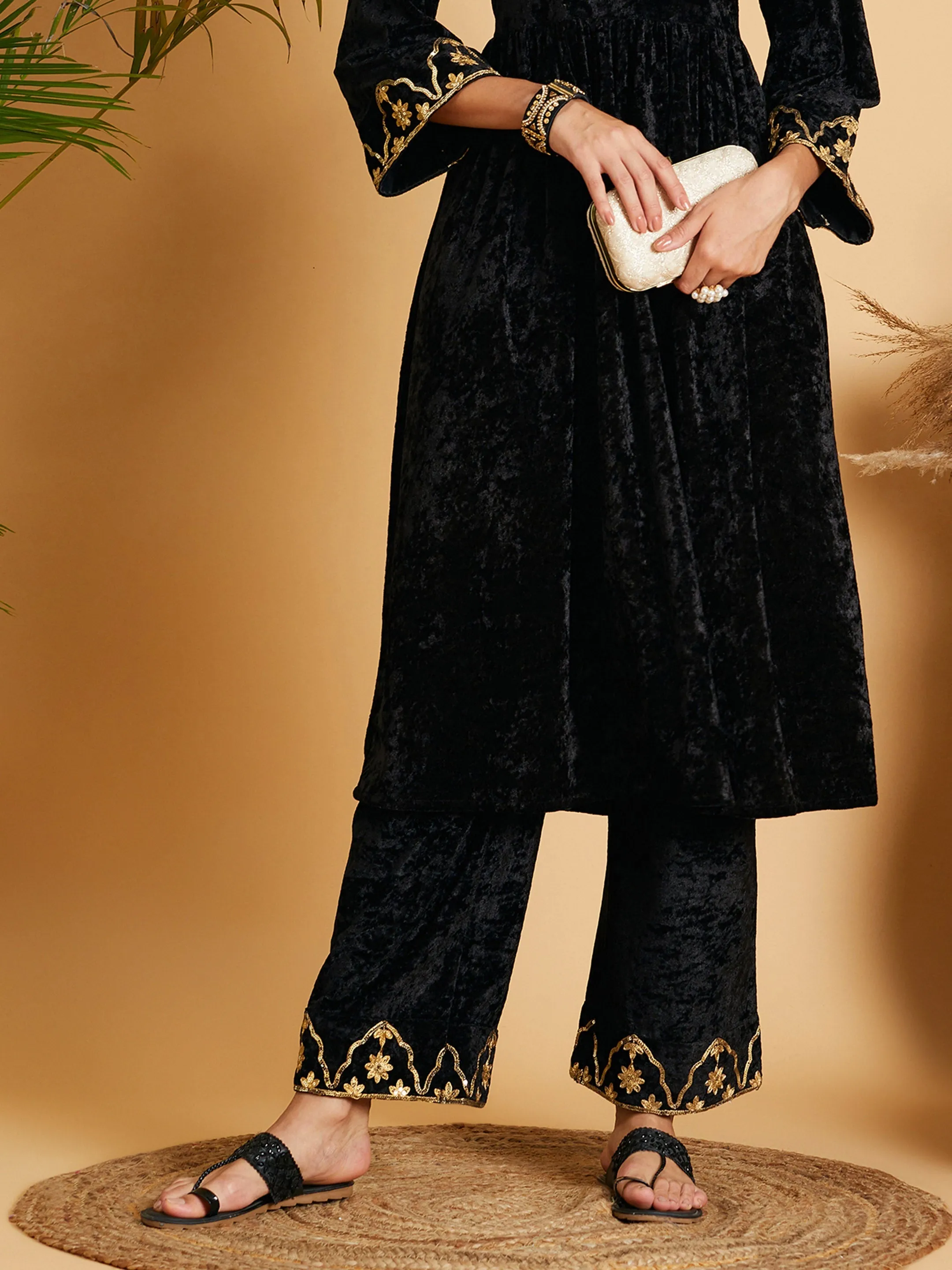 Women Black Velvet Embroidered Straight Pants