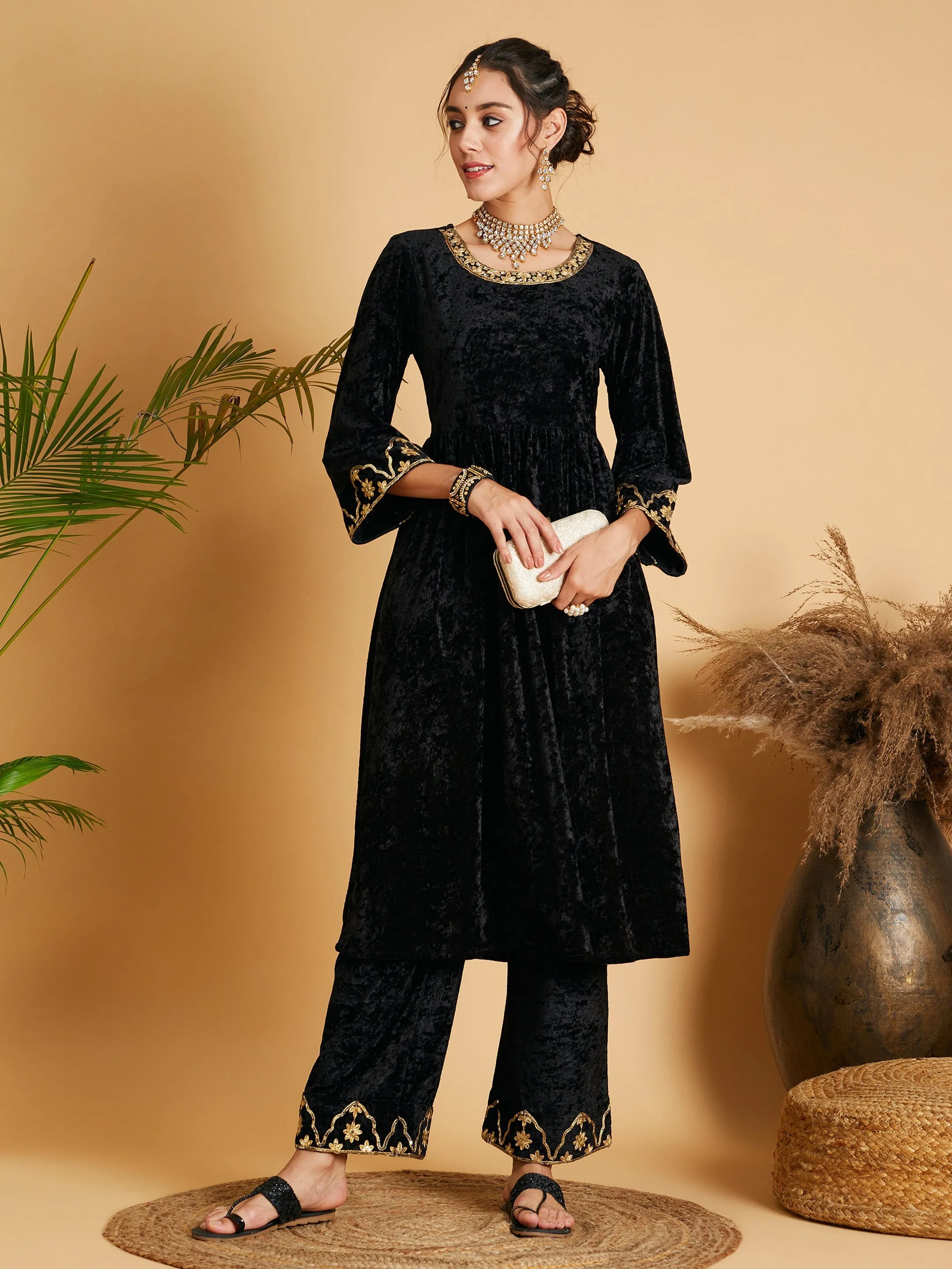 Women Black Velvet Embroidered Straight Pants