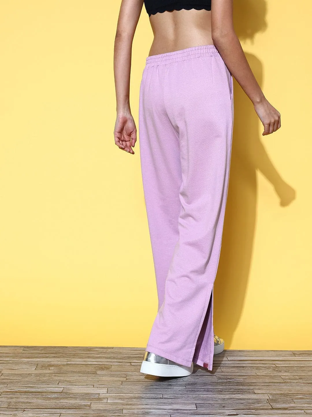 Women Lilac Side Tape Wide Leg Terry Track Pants