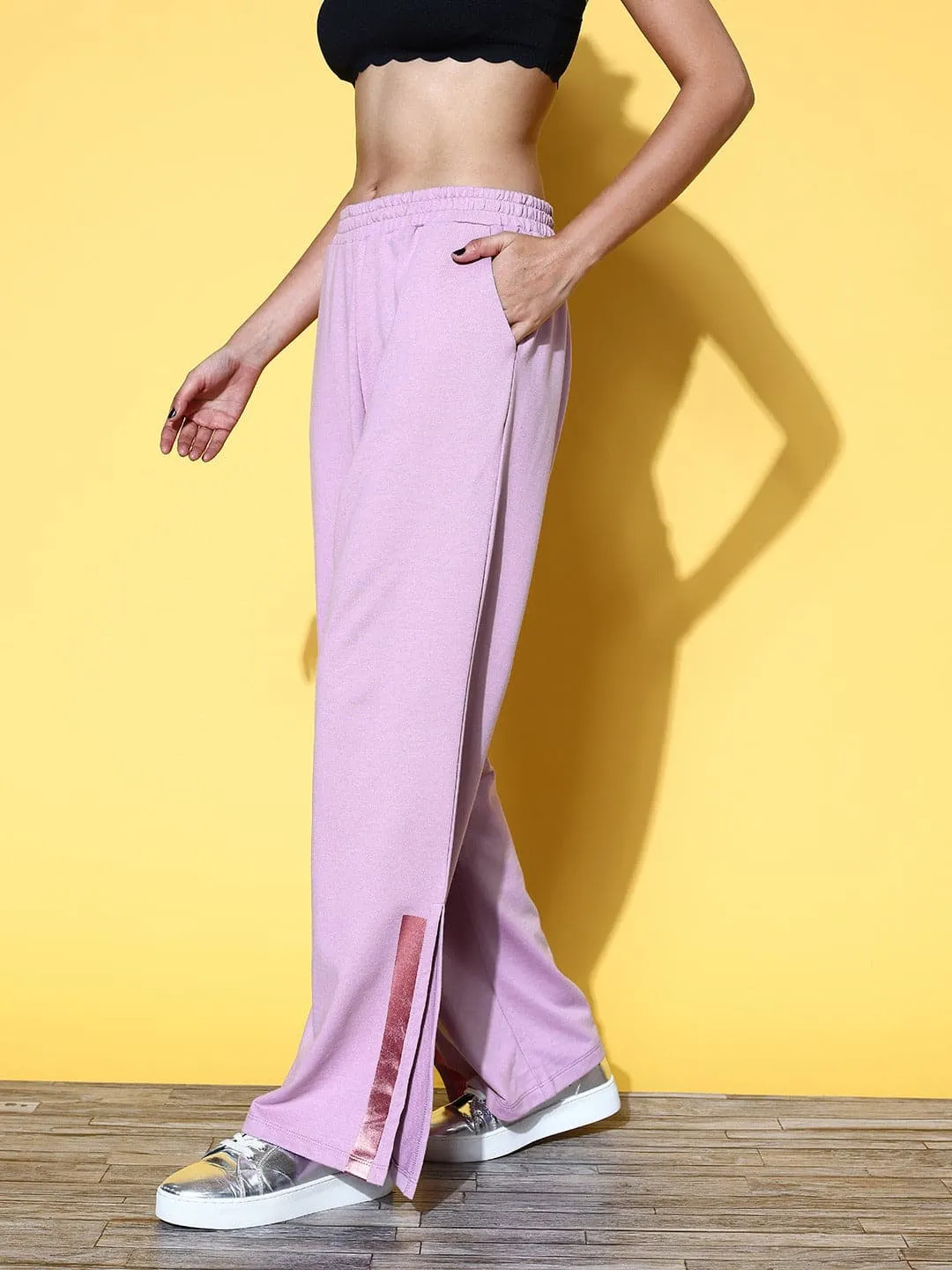 Women Lilac Side Tape Wide Leg Terry Track Pants