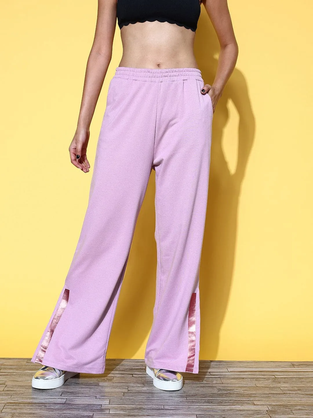 Women Lilac Side Tape Wide Leg Terry Track Pants