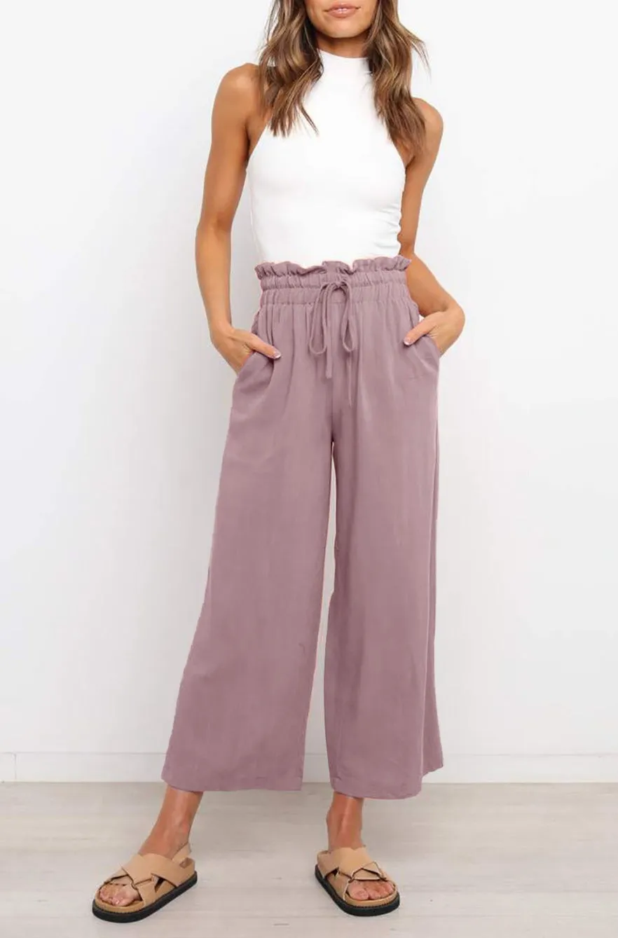 Women's High Waist Paper Bag Straight Leg Cropped Long Pants with Pocket