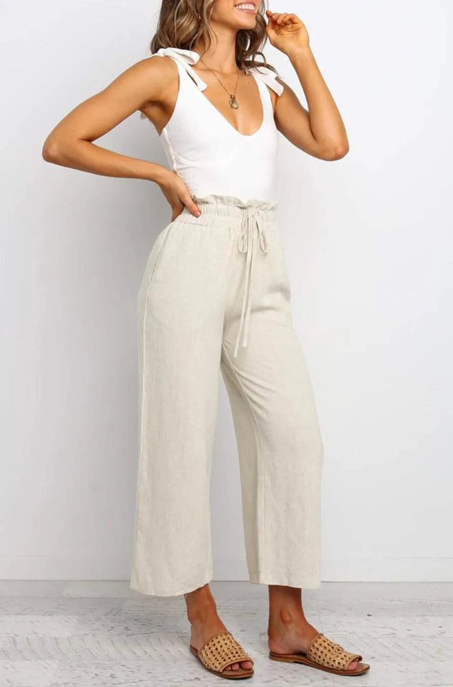 Women's High Waist Paper Bag Straight Leg Cropped Long Pants with Pocket