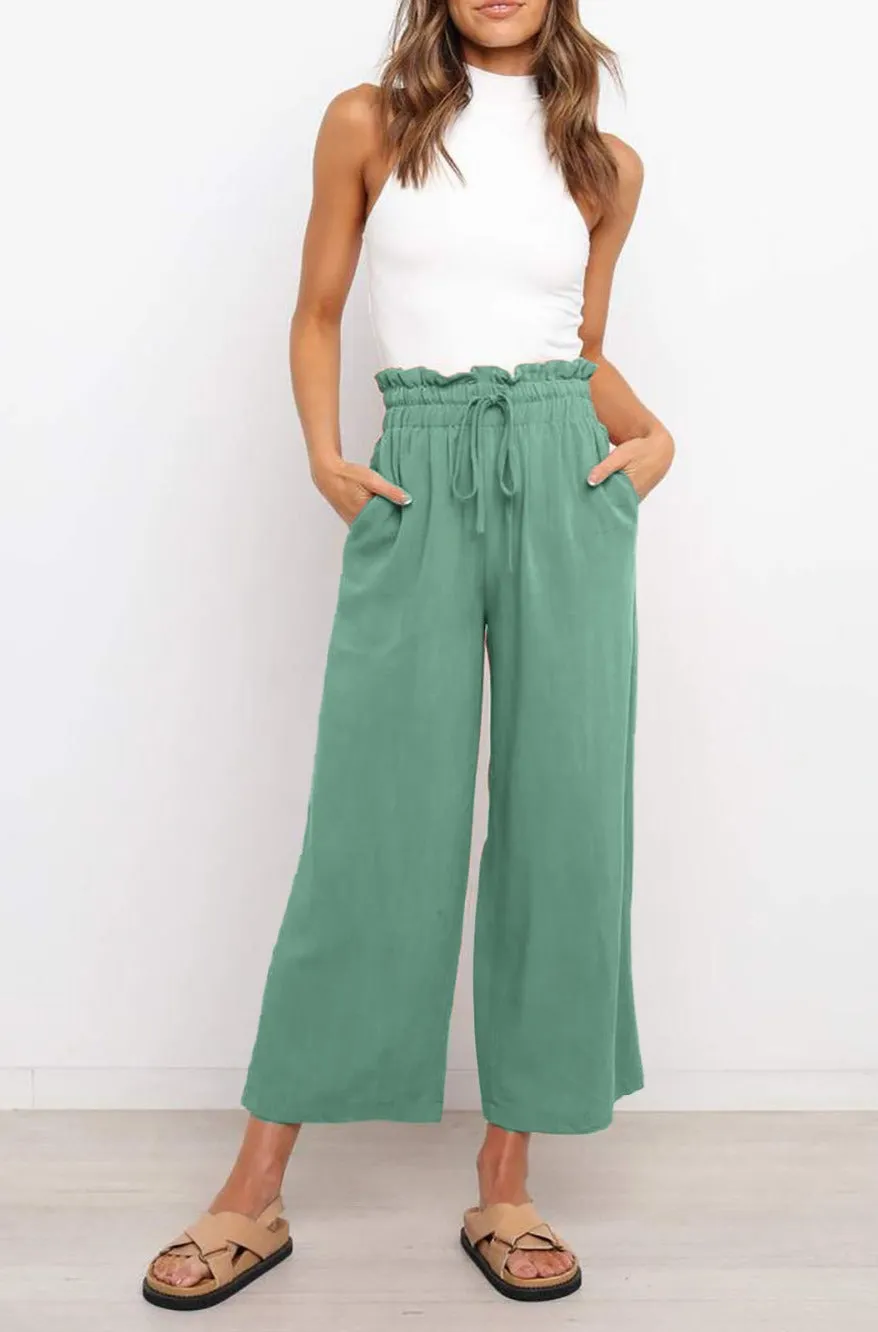 Women's High Waist Paper Bag Straight Leg Cropped Long Pants with Pocket