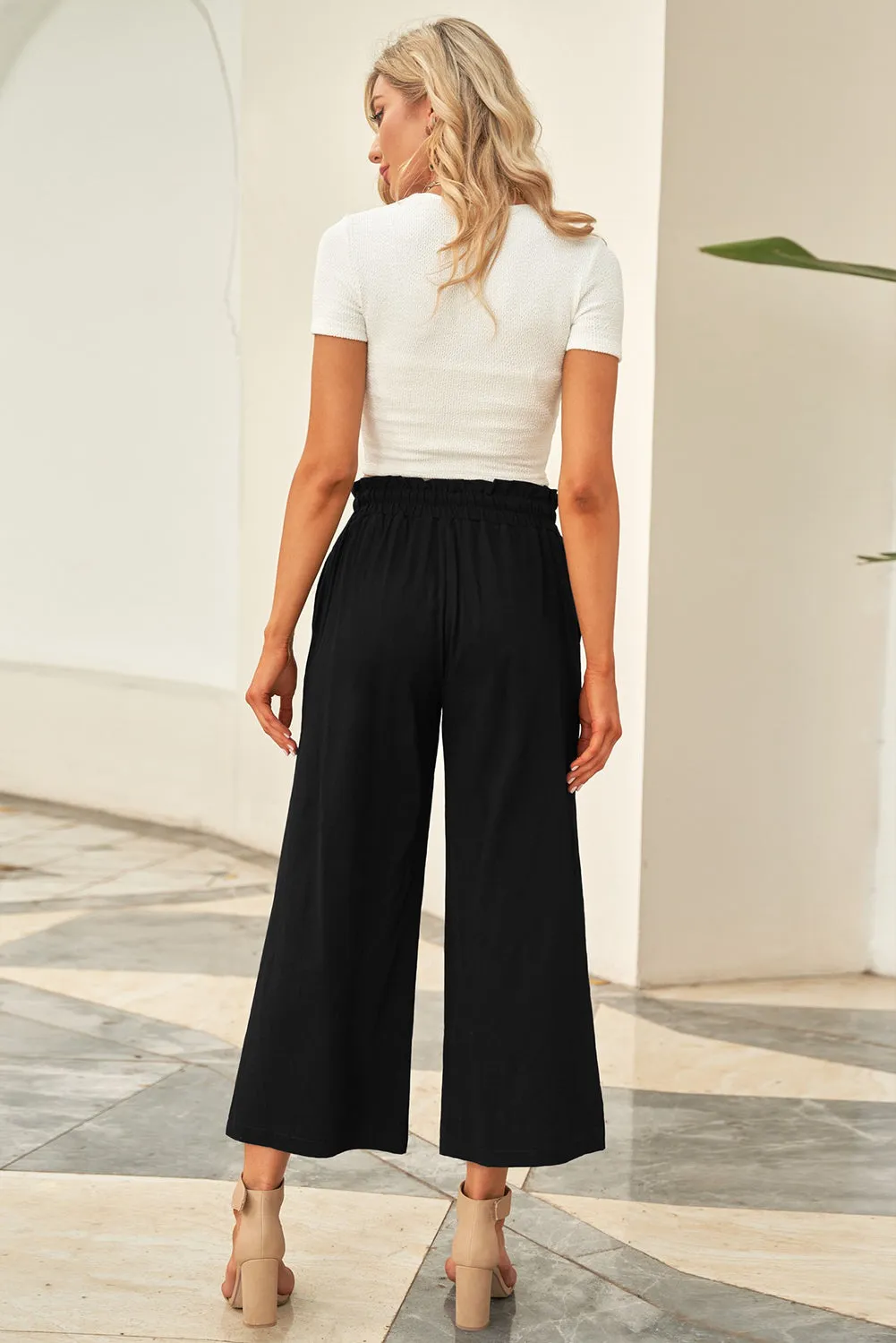 Women's High Waist Paper Bag Straight Leg Cropped Long Pants with Pocket