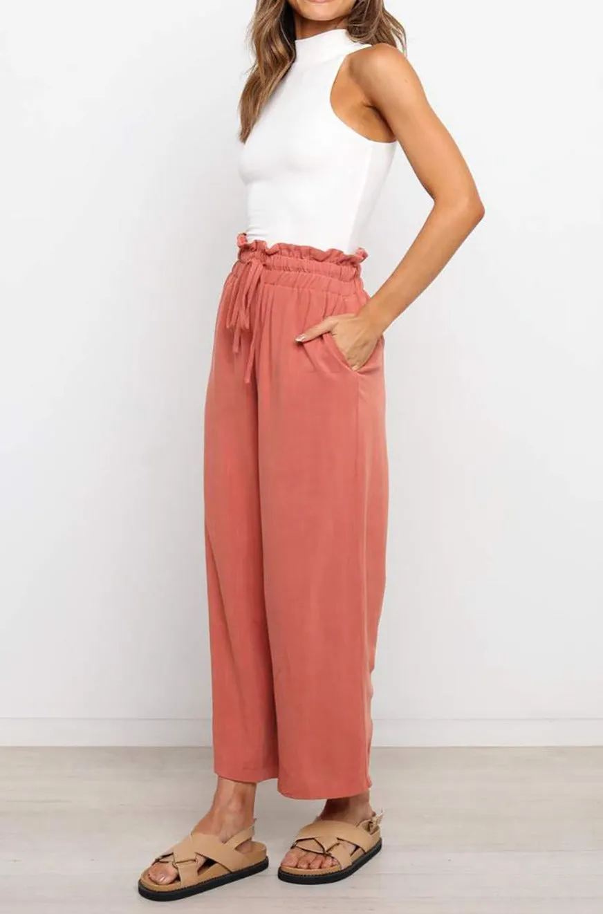 Women's High Waist Paper Bag Straight Leg Cropped Long Pants with Pocket