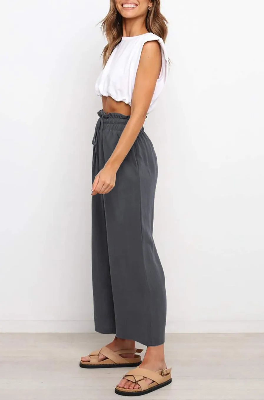 Women's High Waist Paper Bag Straight Leg Cropped Long Pants with Pocket