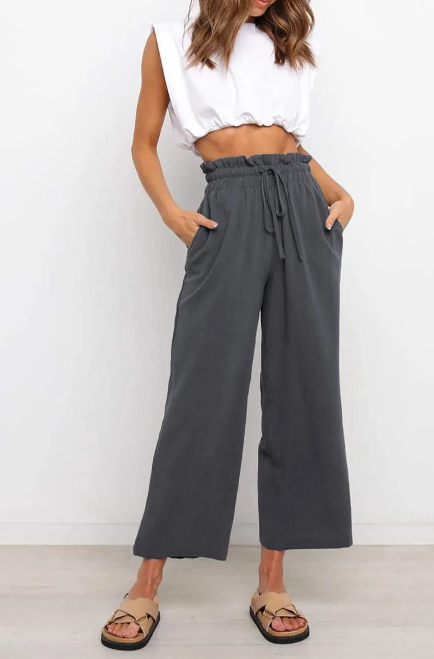 Women's High Waist Paper Bag Straight Leg Cropped Long Pants with Pocket