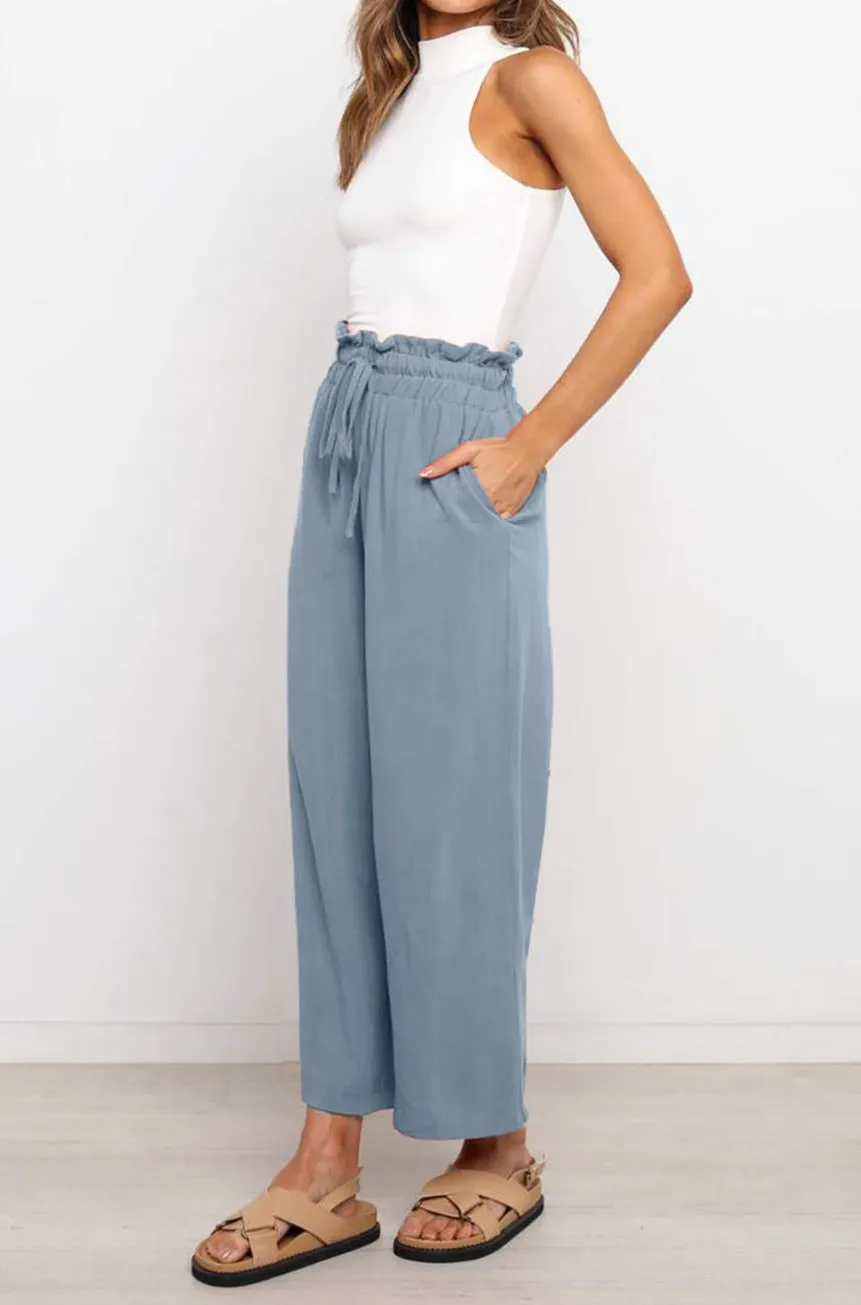 Women's High Waist Paper Bag Straight Leg Cropped Long Pants with Pocket