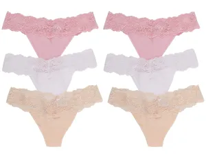 Women's Stretch Cotton Thong Panties with Lace - 6-Pack