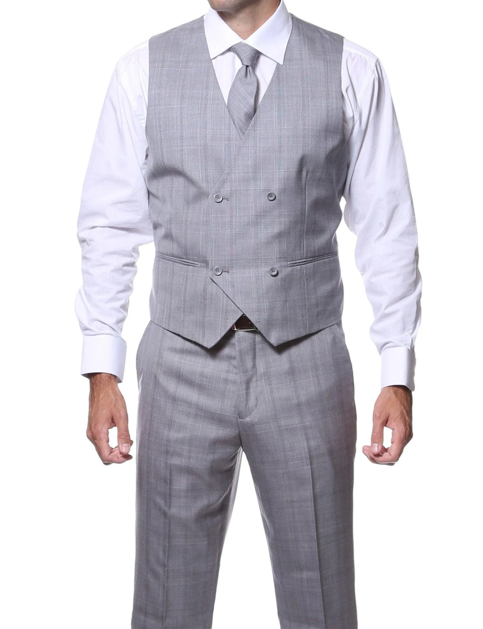 Zillo Silver Grey 3 Piece Vested Slim Fit Plaid Suit