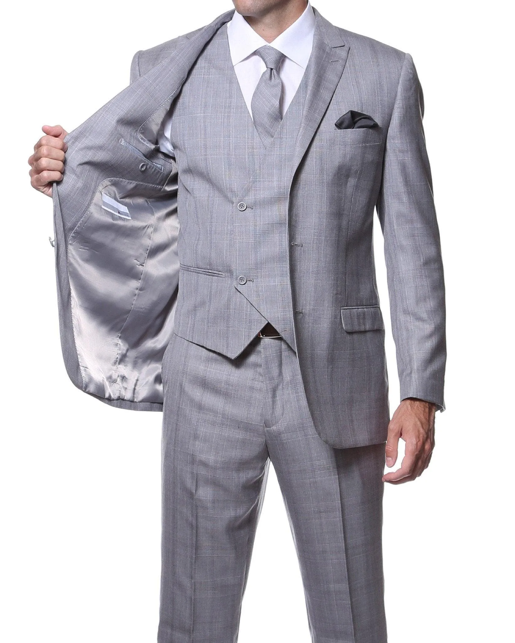 Zillo Silver Grey 3 Piece Vested Slim Fit Plaid Suit