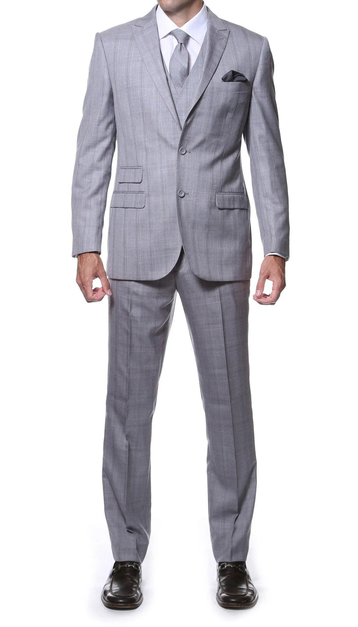 Zillo Silver Grey 3 Piece Vested Slim Fit Plaid Suit